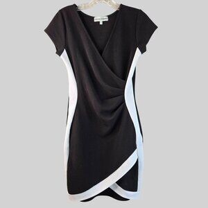 Almost Famous Faux Wrap Dress Medium Black White Stretchy Short Sleeve Bodycon